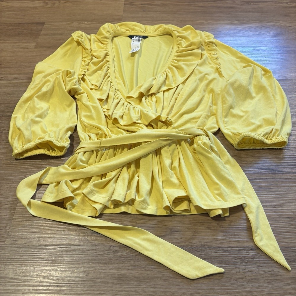 Lauren Ralph Lauren Yellow Ruffle Wrap Blouse - Picture 2 of 13